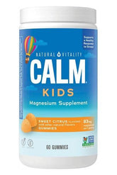 Natural Vitality Calm Kids Gummies bottle, a magnesium supplement for balanced mood, sweet citrus flavor, 60 gummies.